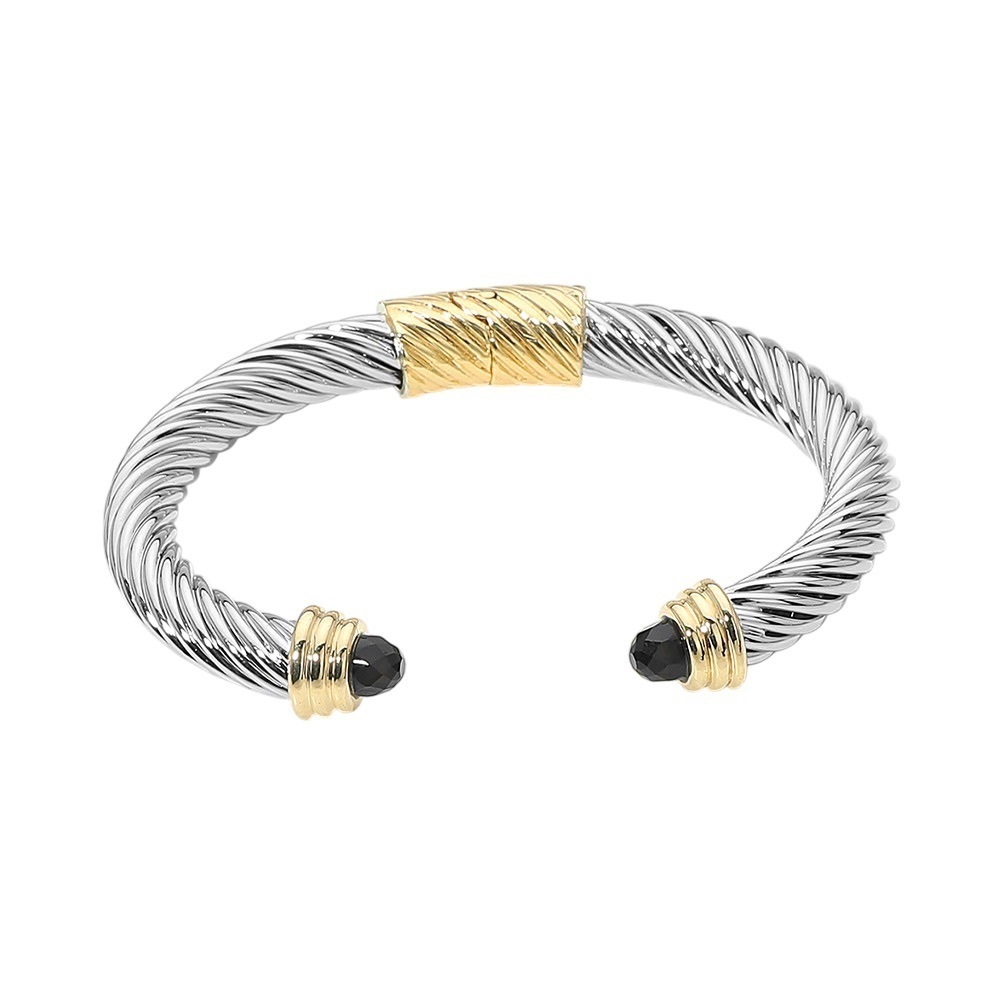 Two Tone Cable Cuff Bracelet With Black Cabochon
